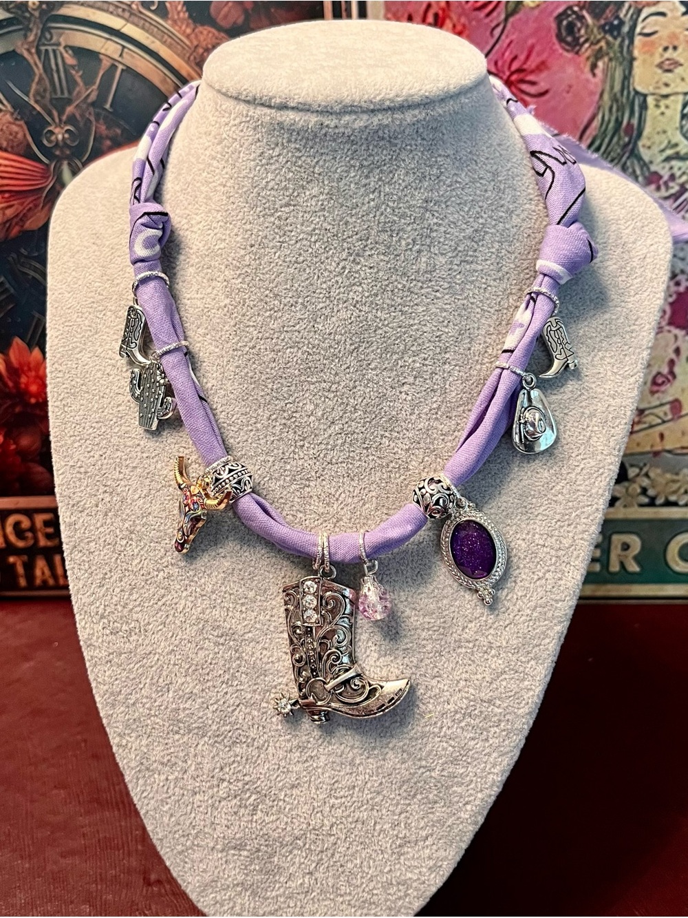 Lavender Bohemian Charm Bandana Necklace with Silver Cowboy Boot Pendant, 28”